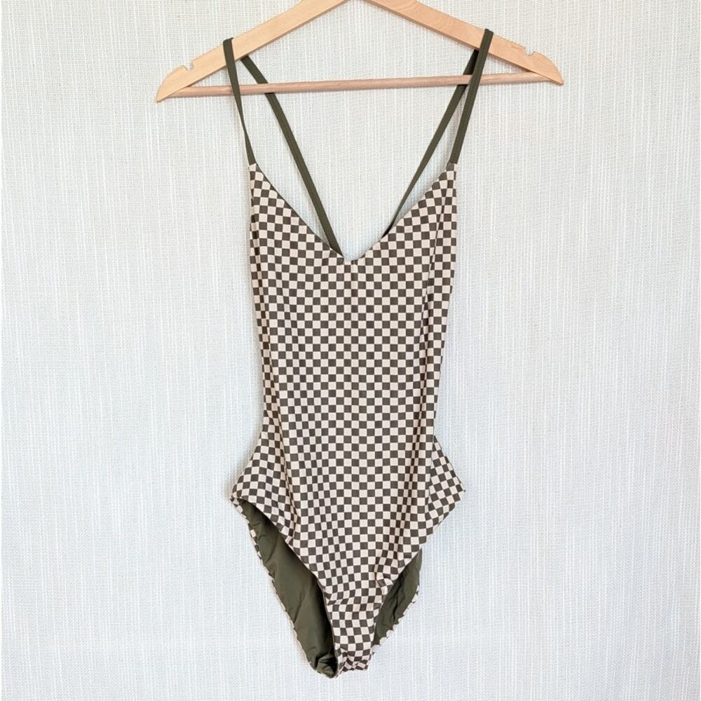 The Great Checkerboard One Piece Swimsuit Womens 0 Green Nylon V-neck - Picture 2 of 10